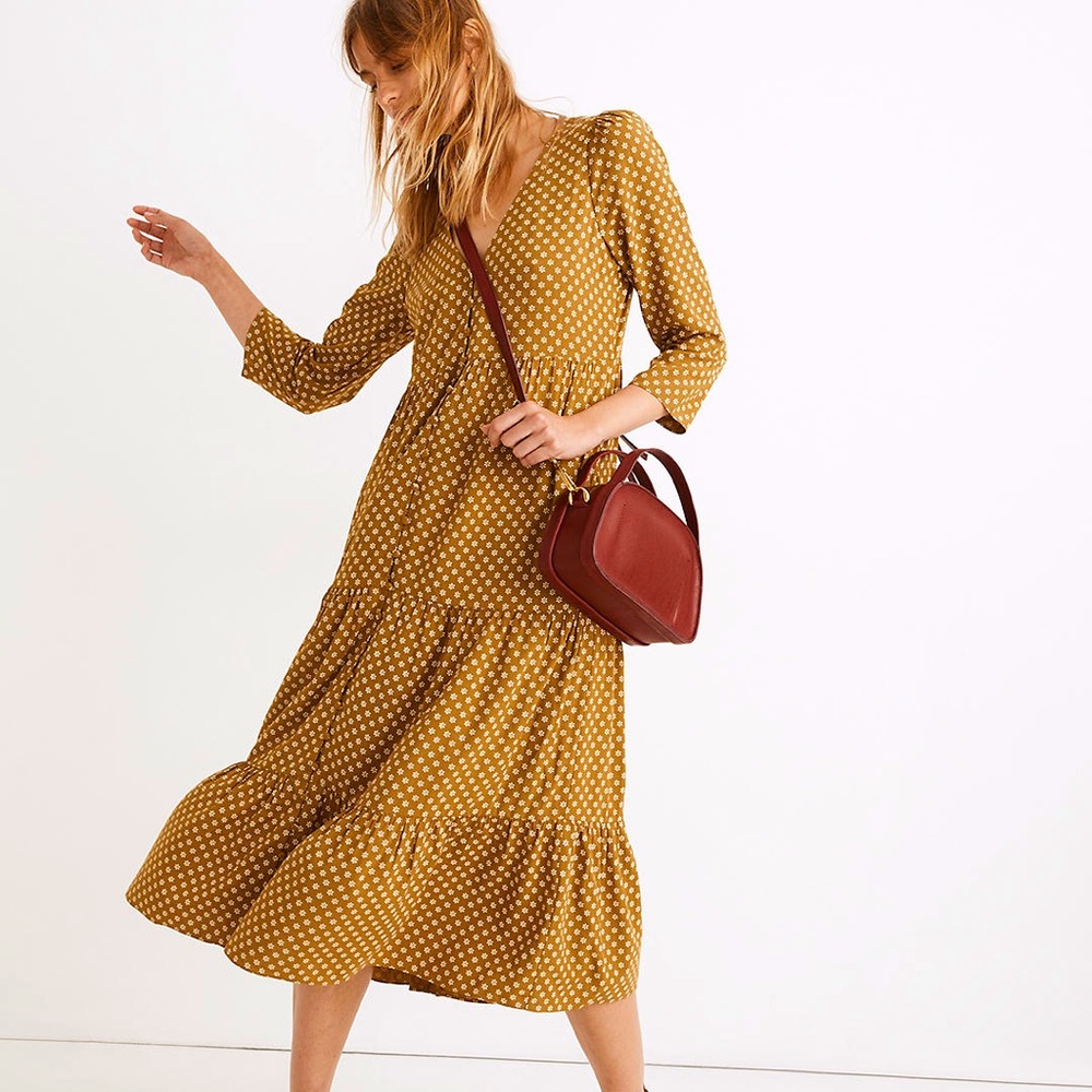 Madewell Daisies V-Neck Tiered Button-Front Midi Dress- Size Small